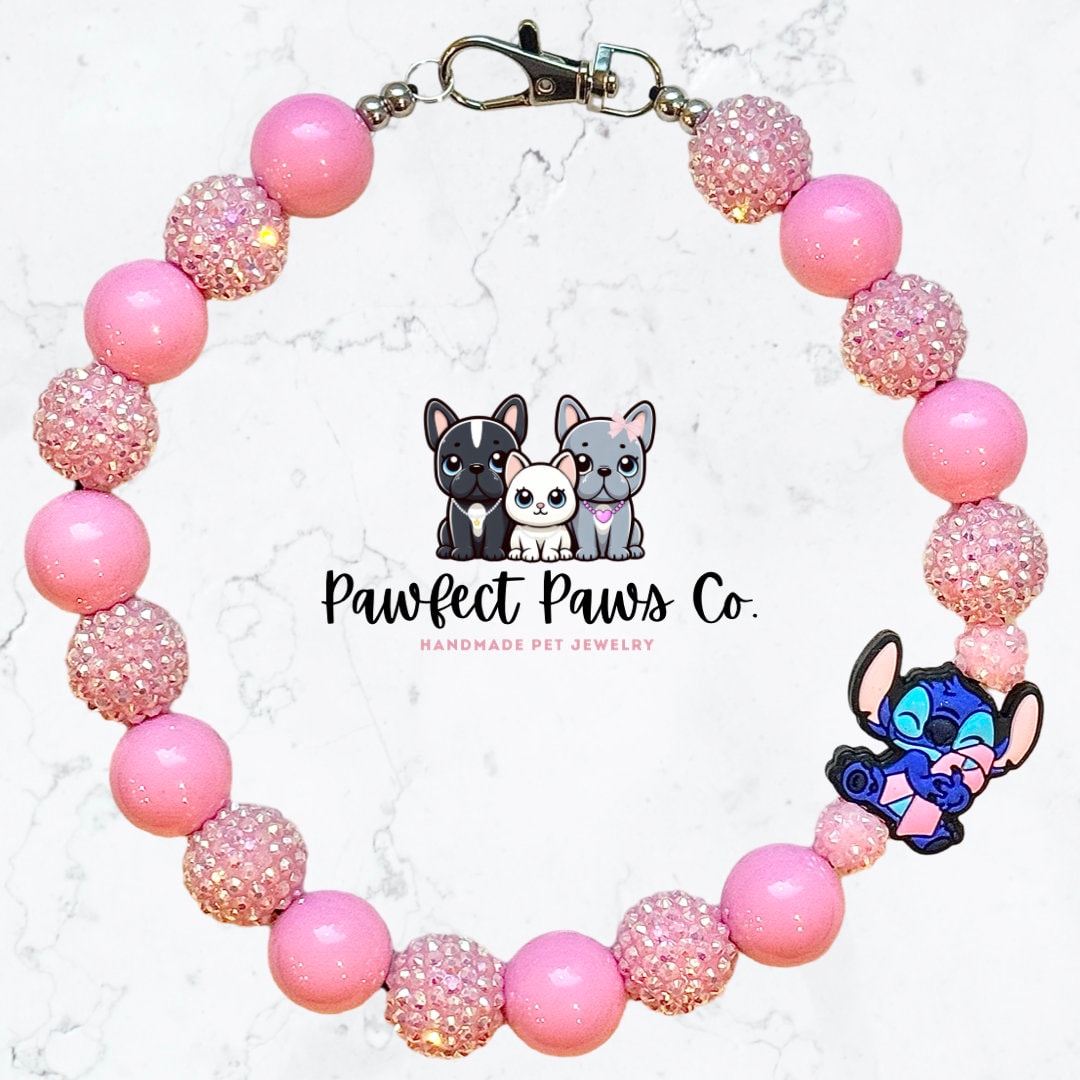 Pink Power* Pink & White Sparkle Breast Cancer Awareness Ribbon Stitch Custom Beaded Dog/Cat Necklace!