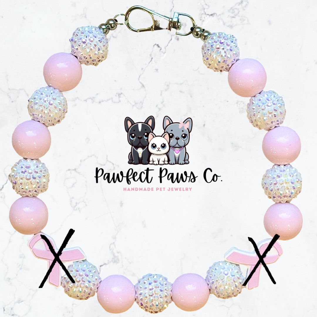 Faith, Hope, Love* Pink & White Sparkle Breast Cancer Awareness Ribbon Custom Beaded Dog/Cat Necklace!