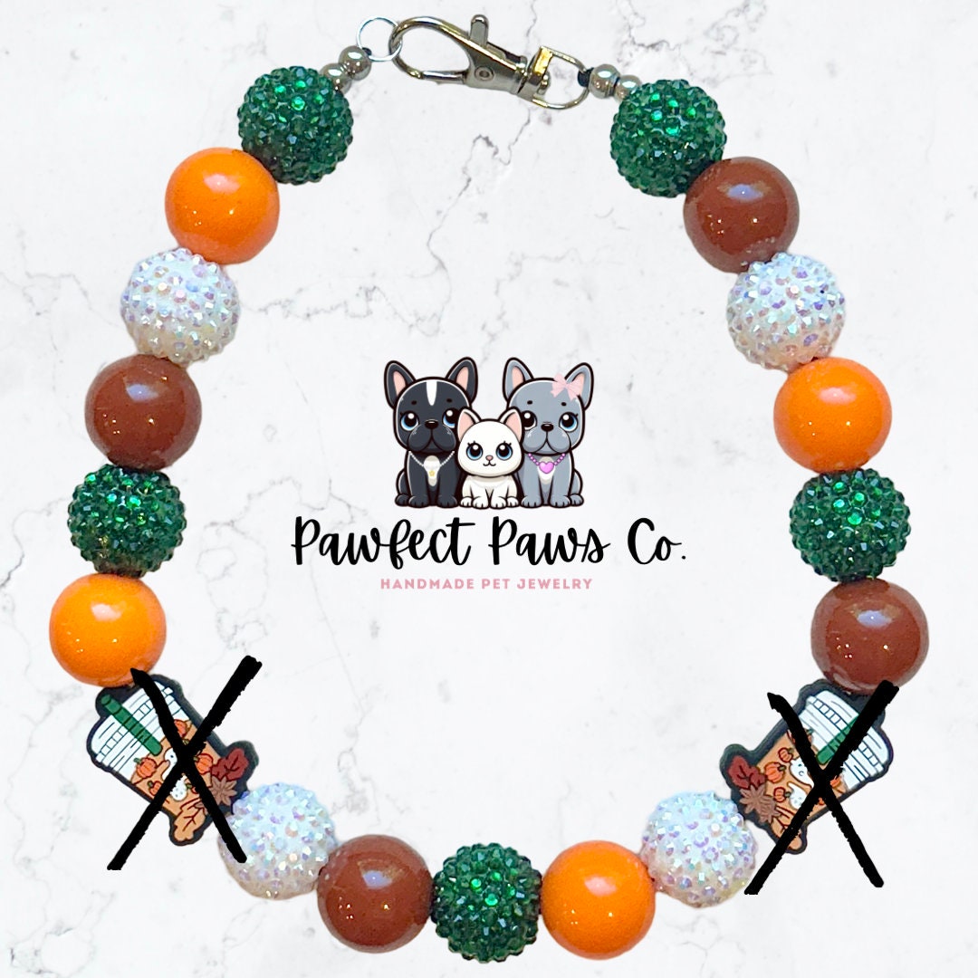 Boo Brew* Brown, Orange, Green & White Sparkle Ghost Pumpkin Spice Ice Coffee Custom Beaded Dog/Cat Necklace!