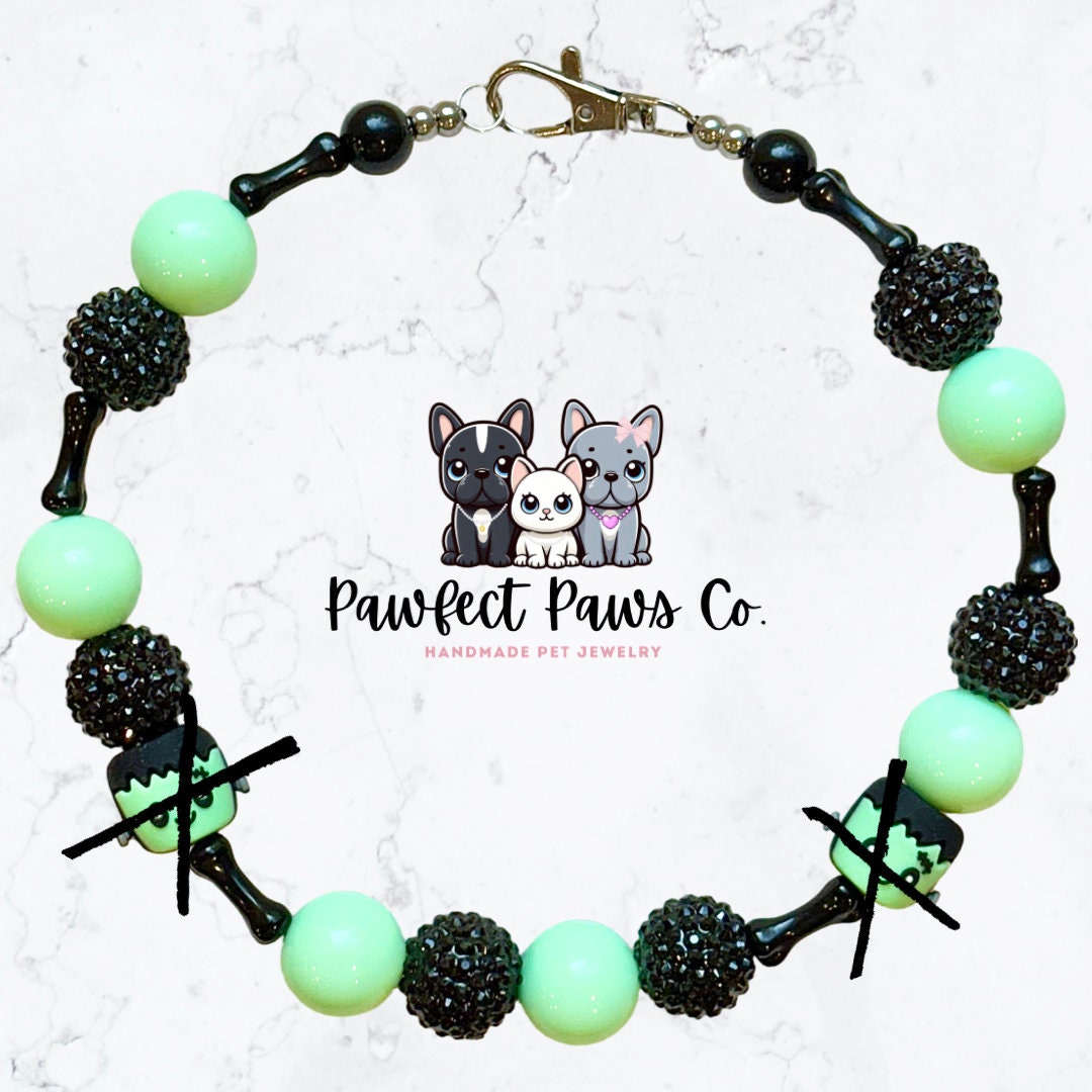 FrankenCutie* Green & Black Sparkle Frankenstein Bones Custom Beaded Dog/Cat Necklace!