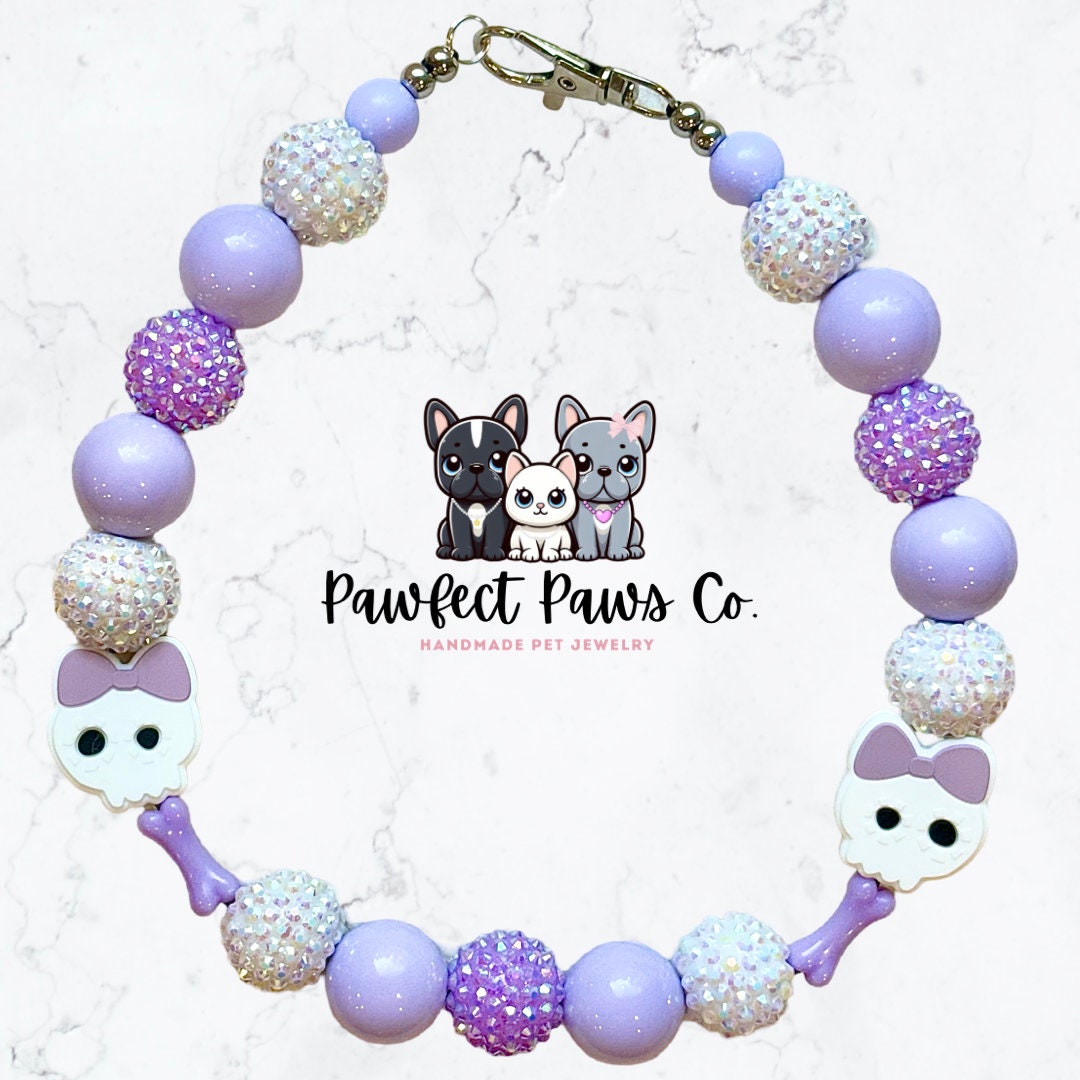 Skull & Bones* White and Purple Sparkle Skeleton Custom Beaded Dog/Cat Necklace!