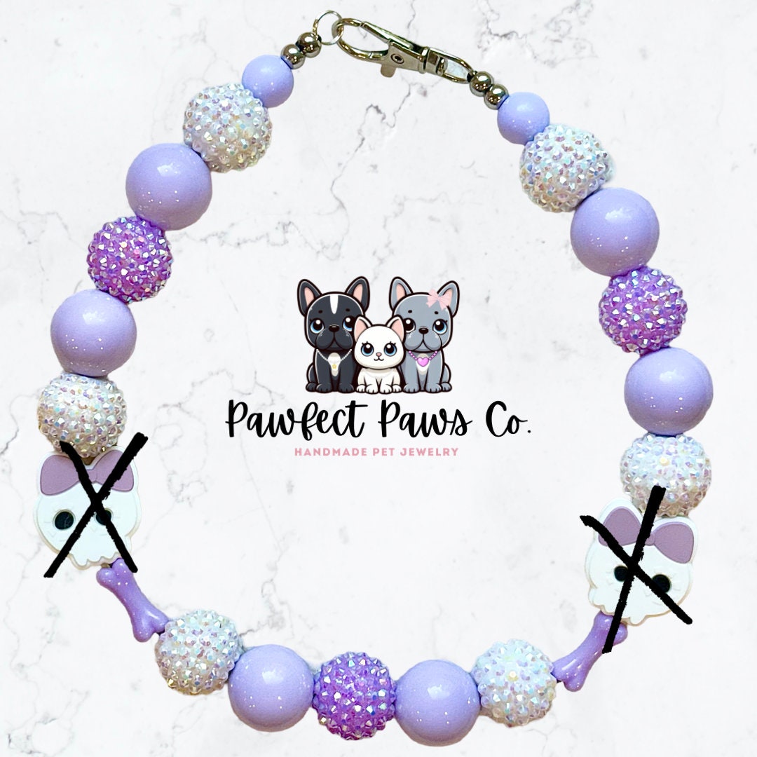 Skull & Bones* White and Purple Sparkle Skeleton Custom Beaded Dog/Cat Necklace!