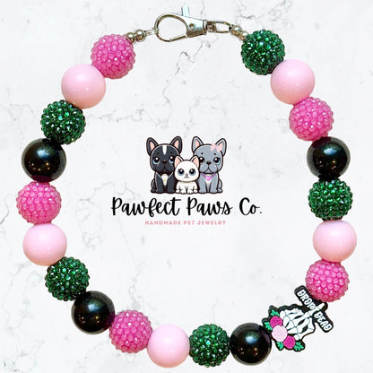 Drop Dead* Black, Pink & Green Sparkle Skull Custom Beaded Dog/Cat Necklace!