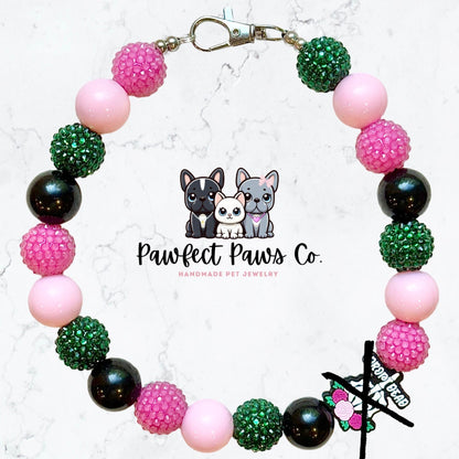 Drop Dead* Black, Pink & Green Sparkle Skull Custom Beaded Dog/Cat Necklace!