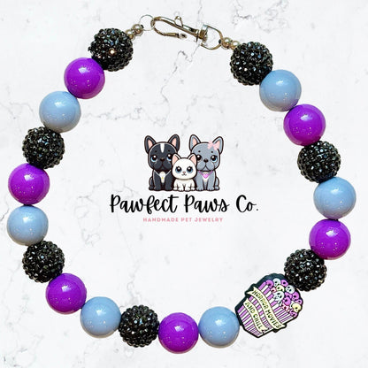 Horror Movies & Chill* Purple, Gray and Black Sparkle Halloween Popcorn Custom Beaded Dog/Cat Necklace!