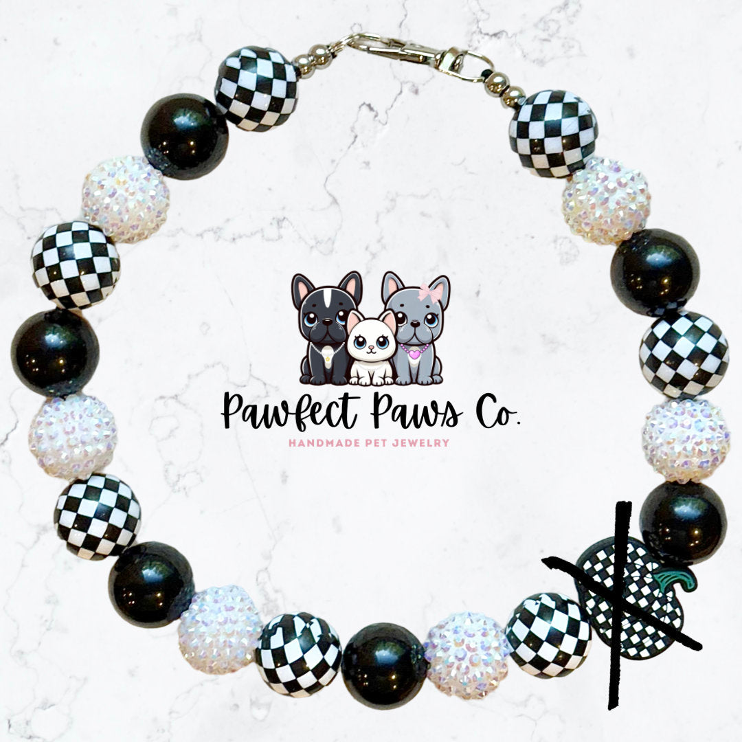 Pumpkin Check* Black & White Sparkle Checkered Custom Beaded Dog/Cat Necklace!