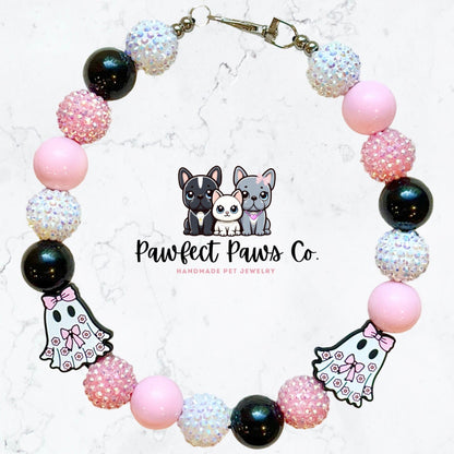 Girly Ghost* Black, Pink & White Sparkle Ghost Bow Custom Beaded Dog/Cat Necklace!