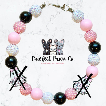 Girly Ghost* Black, Pink & White Sparkle Ghost Bow Custom Beaded Dog/Cat Necklace!