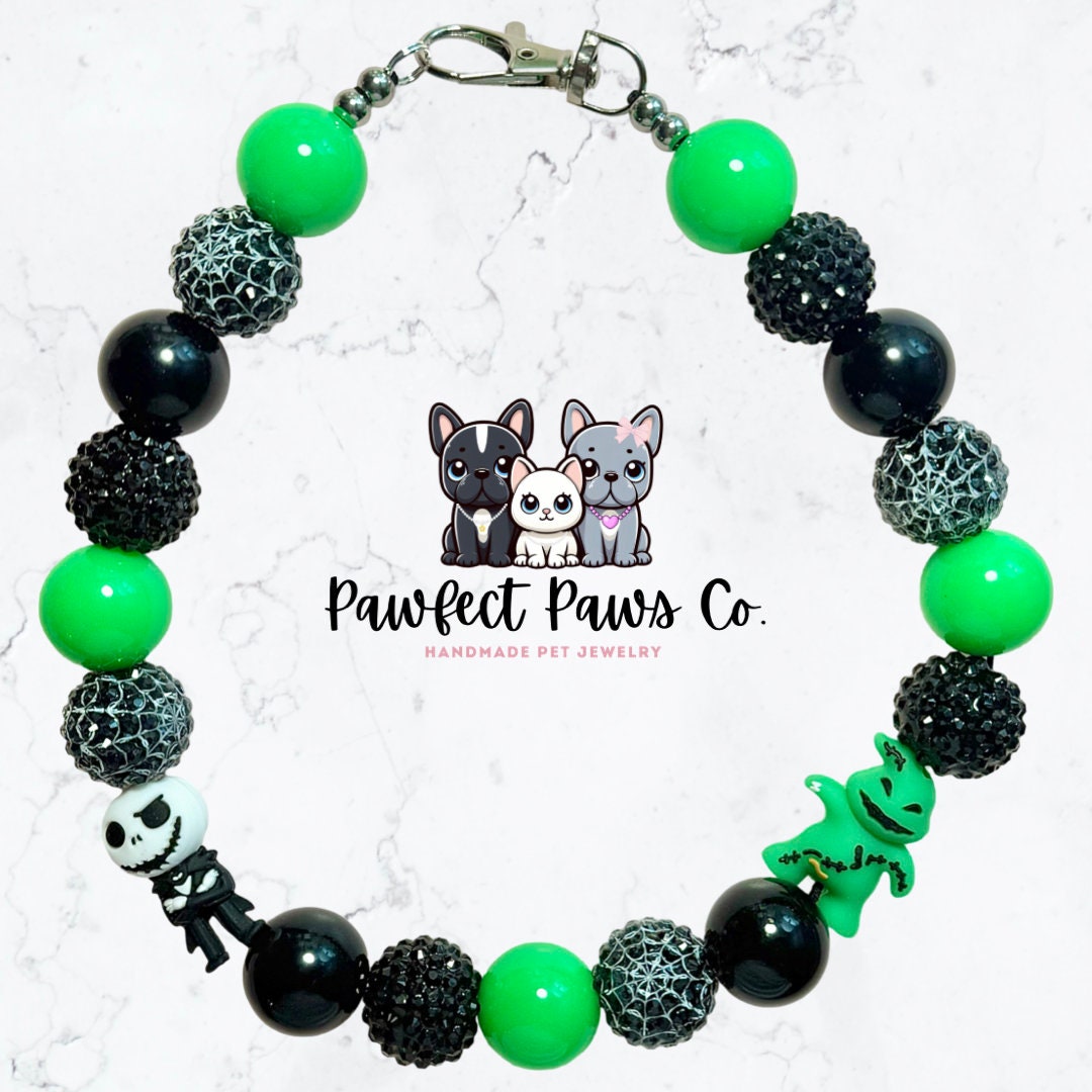 Nightmare Before* Green & Black Sparkle Jack and Oogie Custom Beaded Dog/Cat Necklace!