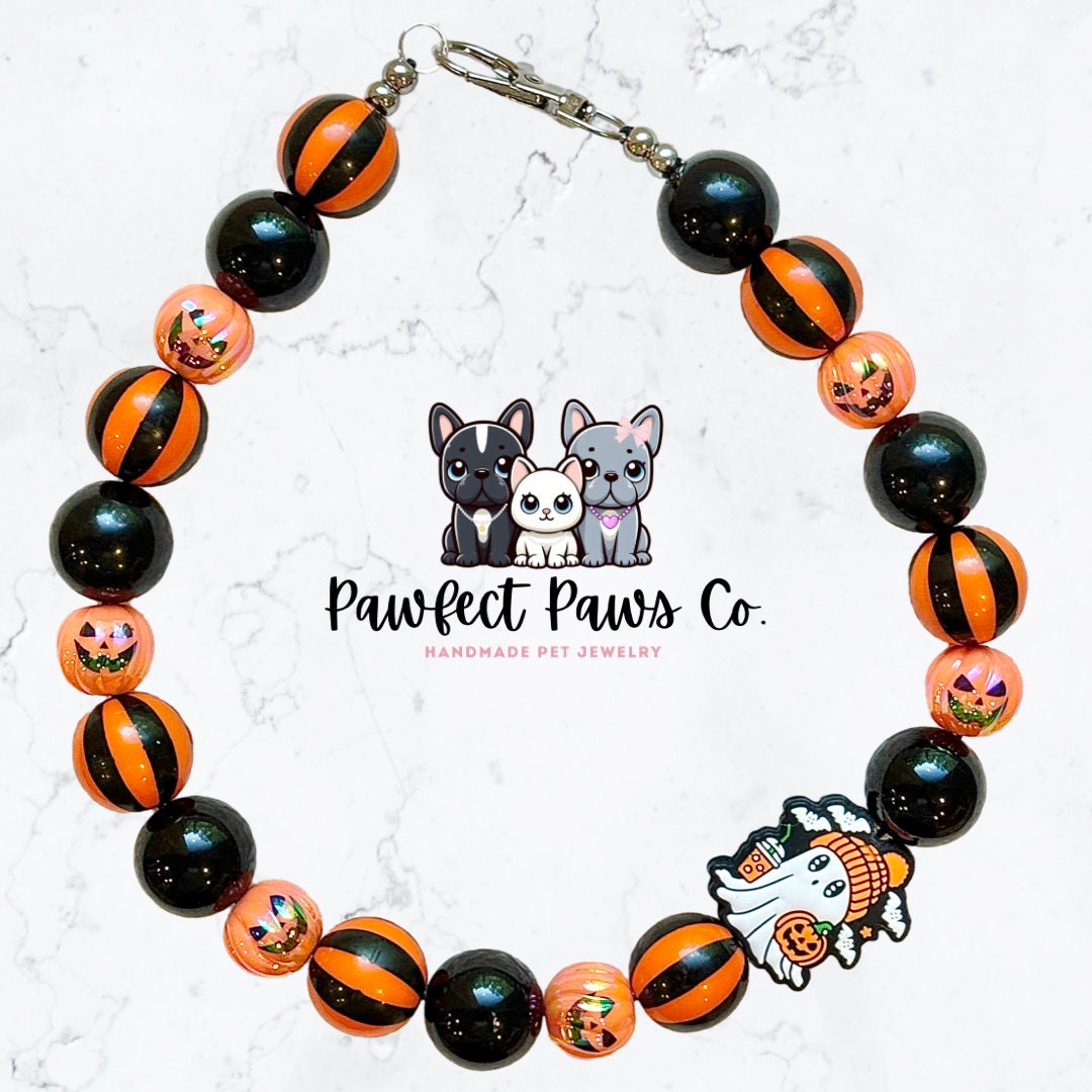 Coffee Boo* Orange & Black Pumpkin Ghost Custom Beaded Dog/Cat Necklace!