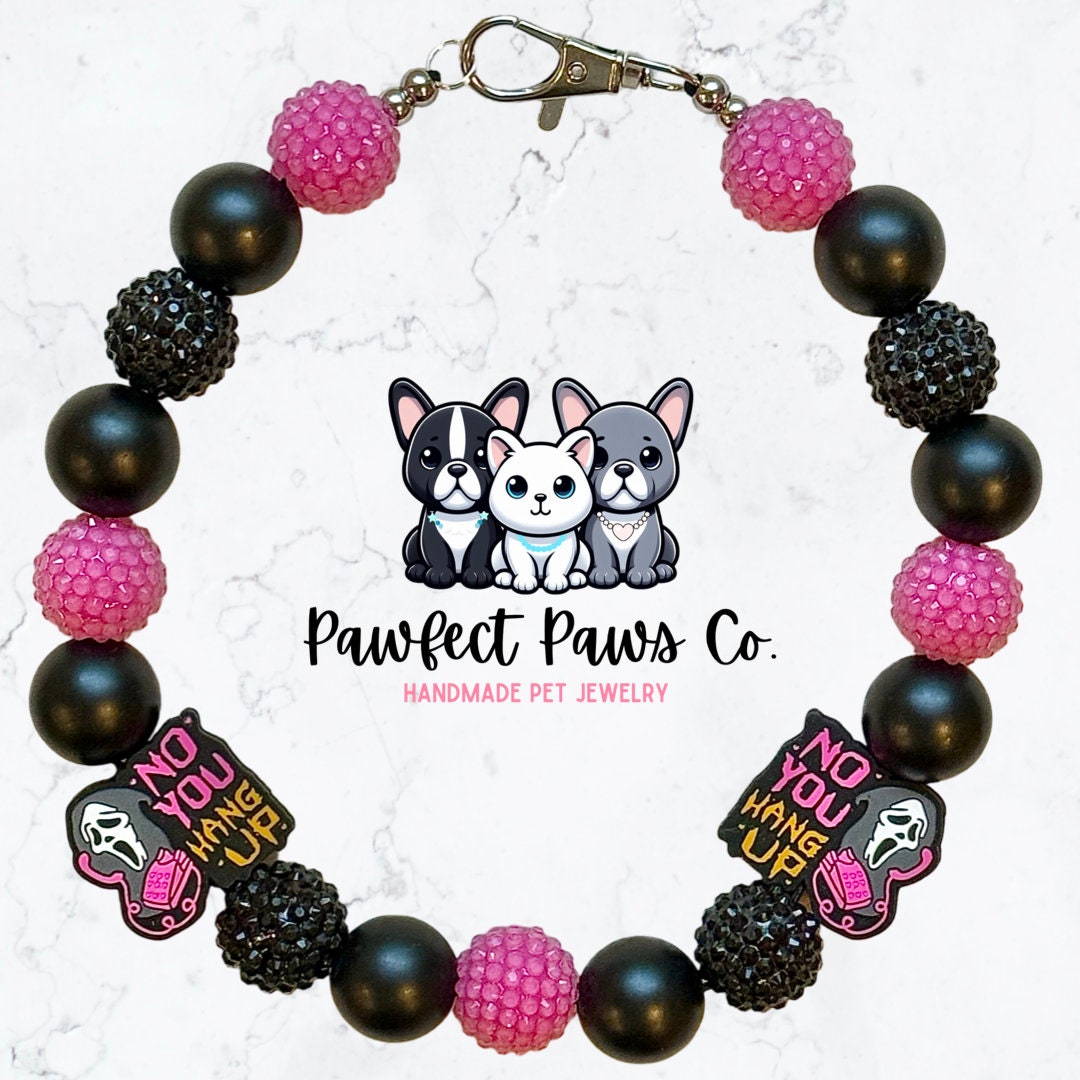 You Hang Up* Black & Pink Sparkle Ghost Face Custom Beaded Dog/Cat Necklace!