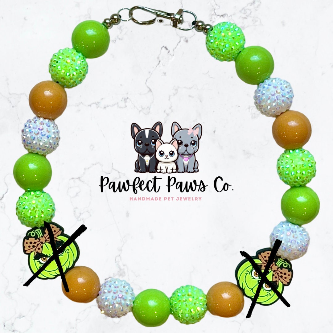 Grinchy Gourds* Tan, Green & White Sparkle Grinch Pumpkins Custom Beaded Dog/Cat Necklace!