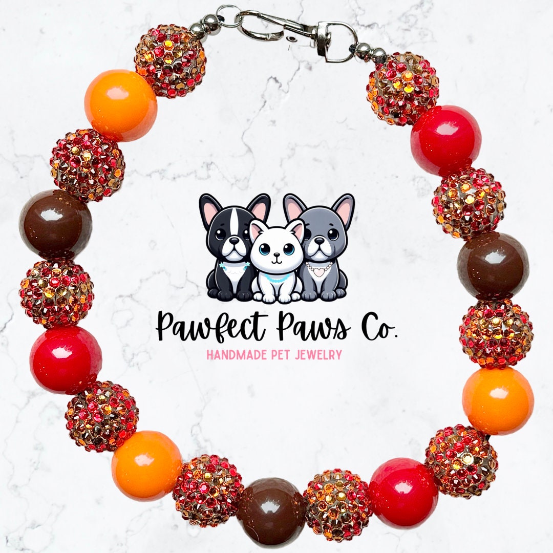 Thankful* Orange, Red & Brown Sparkle Thanksgiving Autumn Harvest Custom Beaded Dog/Cat Necklace!