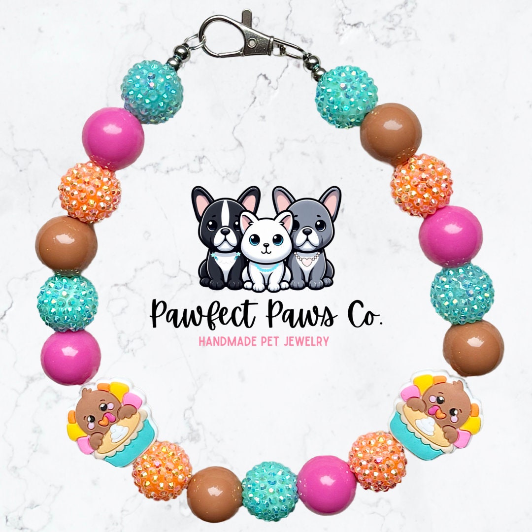 Time to Feast* Pink, Orange & Blue Sparkle Turkey Pie Thanksgiving Custom Beaded Dog/Cat Necklace!