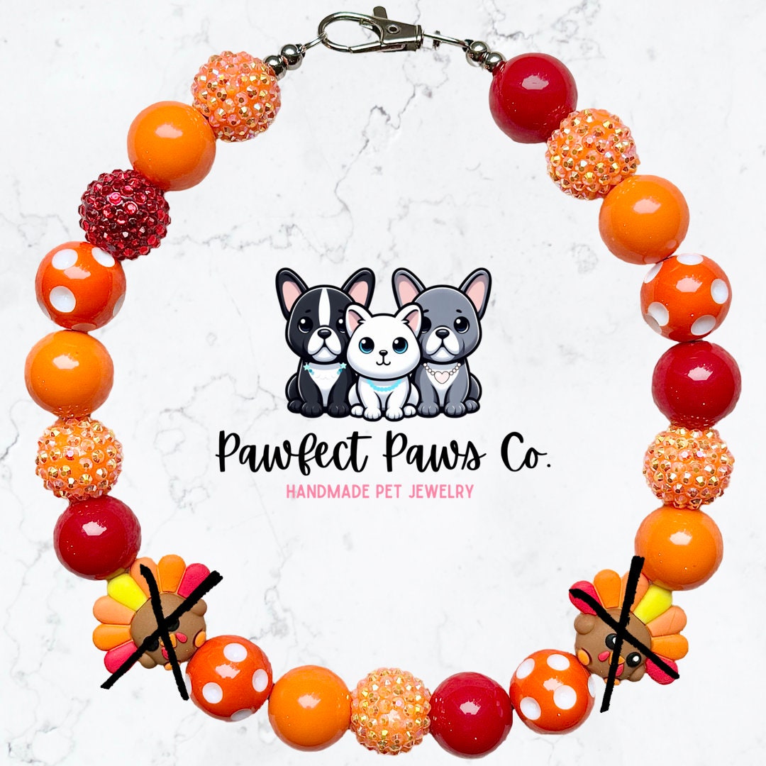 Gobble til you Wobble* Orange & Red Sparkle Turkey Thanksgiving Custom Beaded Dog/Cat Necklace!