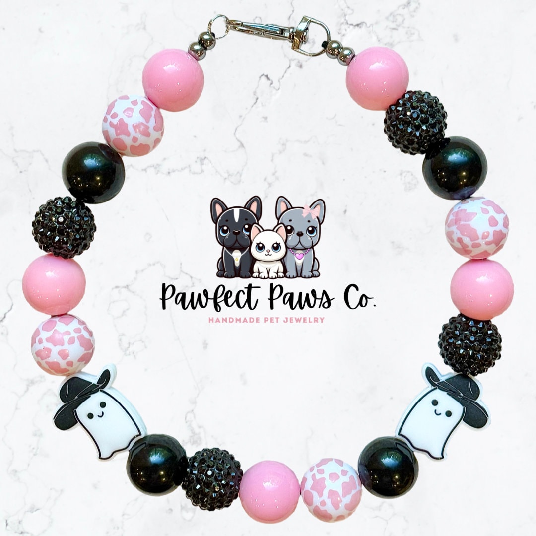 Cow-Ghoul* Pink Cow & Black Sparkle Ghost Cowboy Custom Beaded Dog/Cat Necklace!