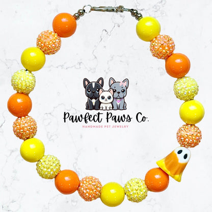 Candy Ghoul* Yellow & Orange Sparkle Candycorn Ghost Custom Beaded Dog/Cat Necklace!