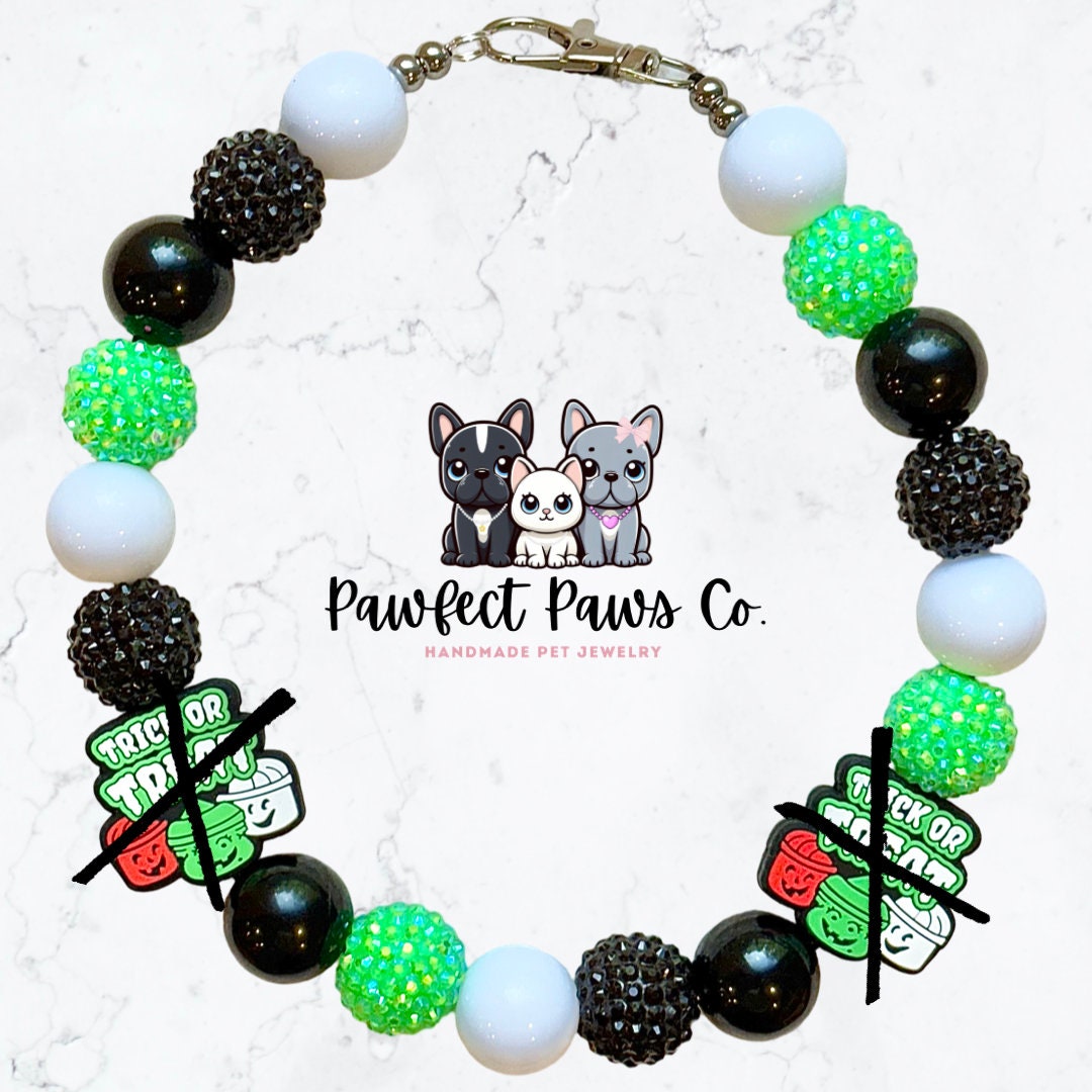 Trick or Treat* White, Black & Green Sparkle McD Boo Bucket Custom Beaded Dog/Cat Necklace!