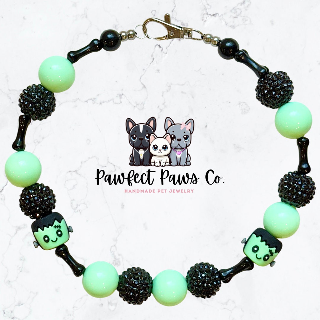 FrankenCutie* Green & Black Sparkle Frankenstein Bones Custom Beaded Dog/Cat Necklace!