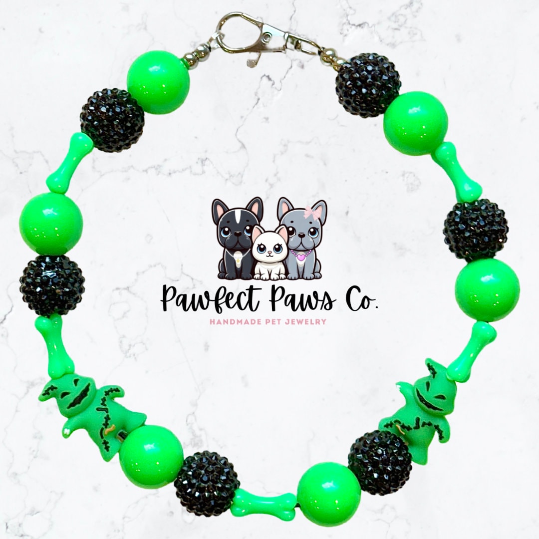 Green Monster* Green & Black Sparkle Oogie Boogie Custom Beaded Dog/Cat Necklace!