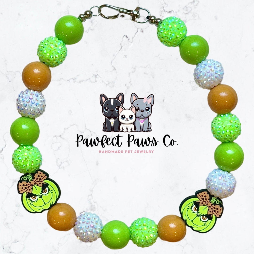 Grinchy Gourds* Tan, Green & White Sparkle Grinch Pumpkins Custom Beaded Dog/Cat Necklace!