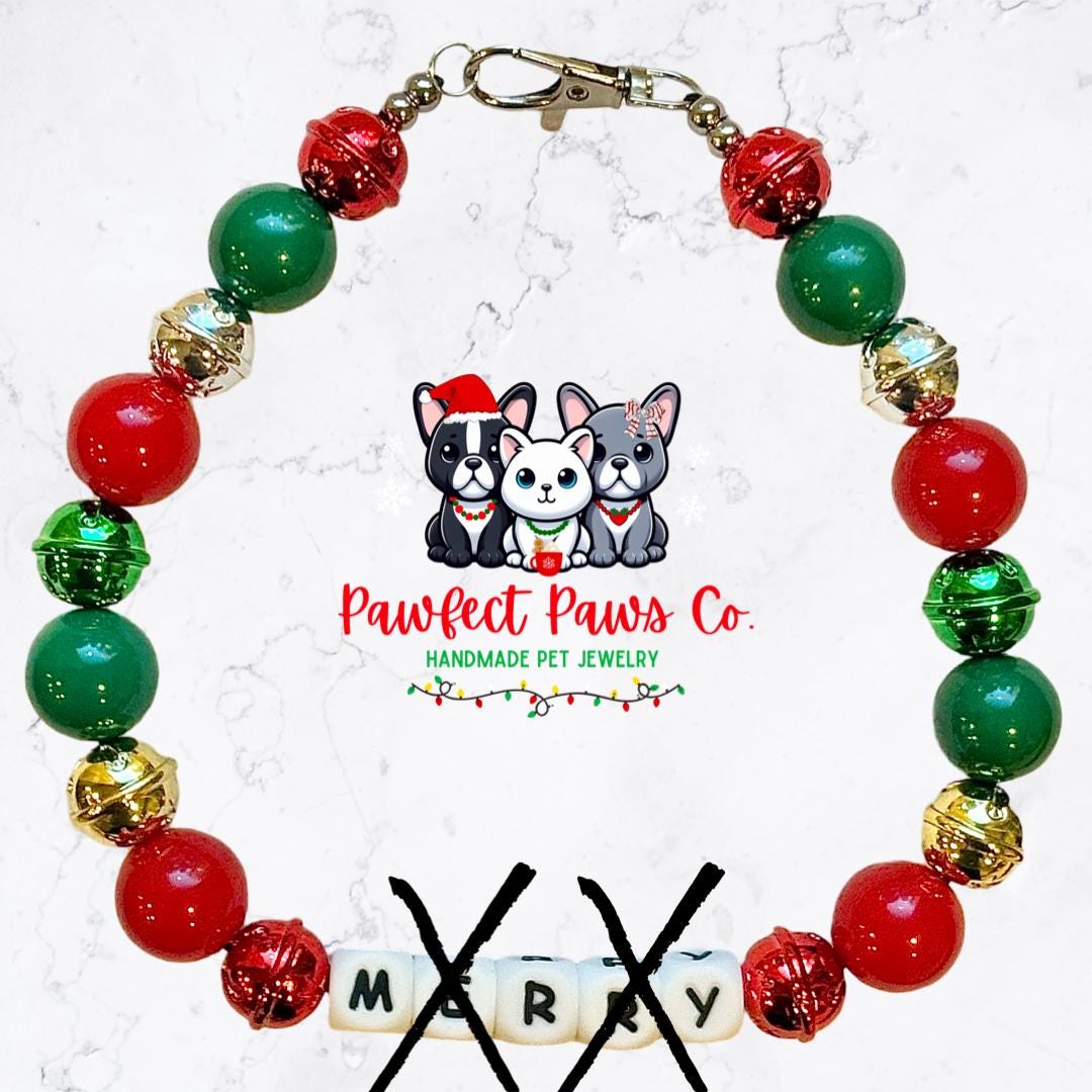 Merry & Bright* Red, Green, Gold, Silver Christmas Jingle Bells Custom Beaded Dog/Cat Necklace!