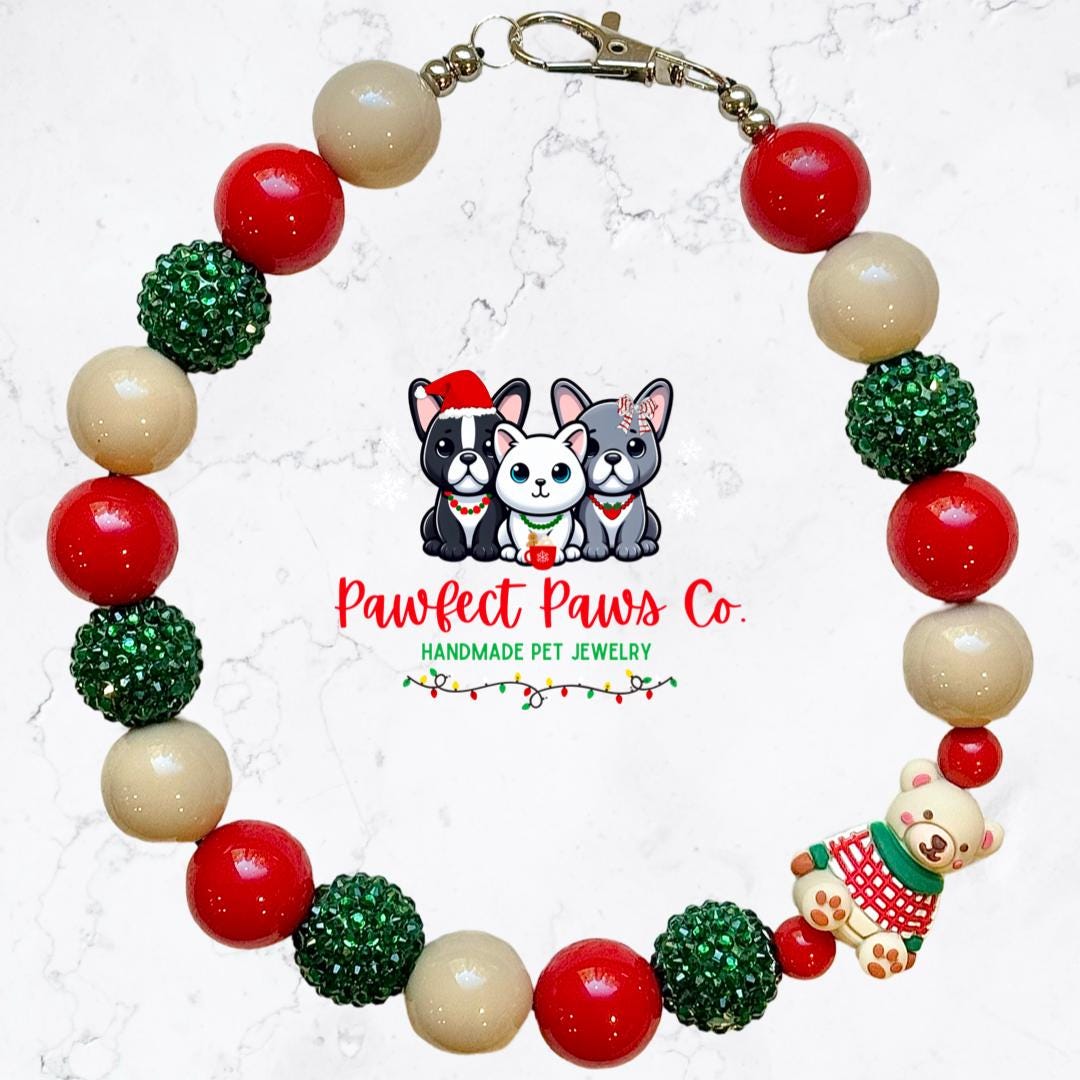 Sweater Weather* Tan, Red & Green Sparkle Teddy Bear Custom Beaded Dog/Cat Necklace!