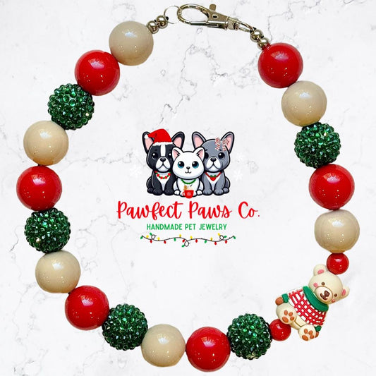 Sweater Weather* Tan, Red & Green Sparkle Teddy Bear Custom Beaded Dog/Cat Necklace!