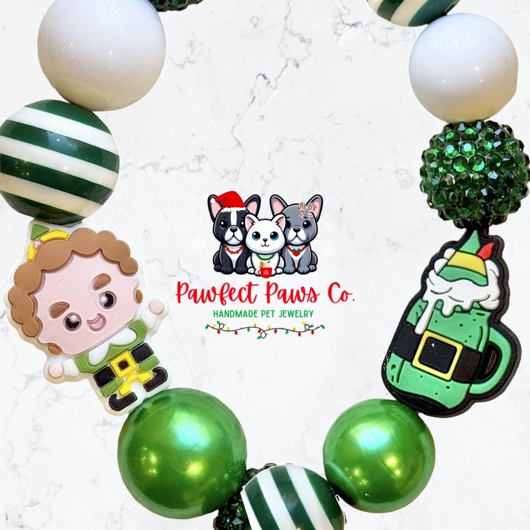 Son of a Nutcracker* White & Green Sparkle Buddy the Elf Custom Beaded Dog/Cat Necklace!