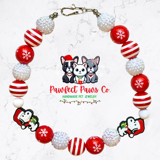 Snoopy Claus* Red & White Sparkle Christmas Custom Beaded Dog/Cat Necklace!