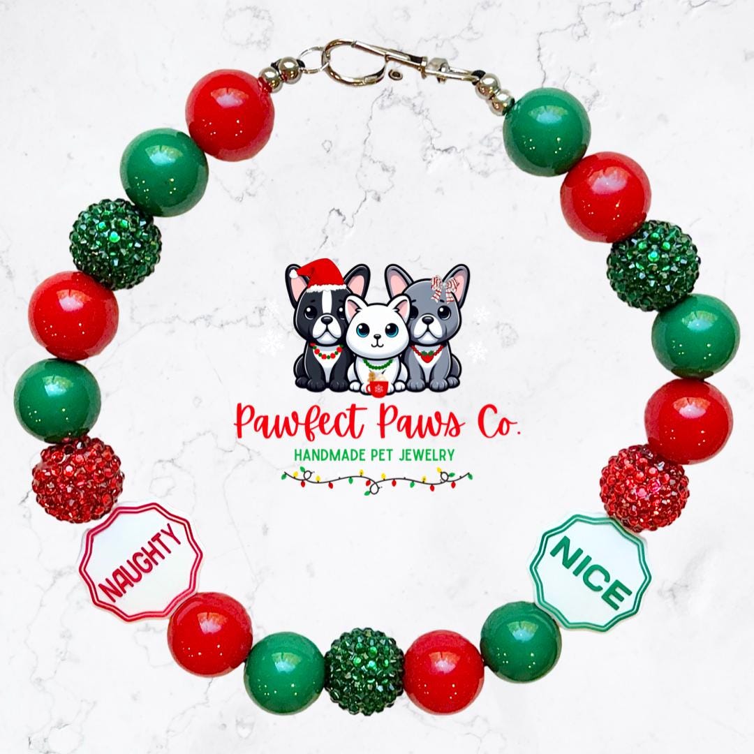 Naughty or Nice* Red & Green Sparkle Christmas List Custom Beaded Dog/Cat Necklace!