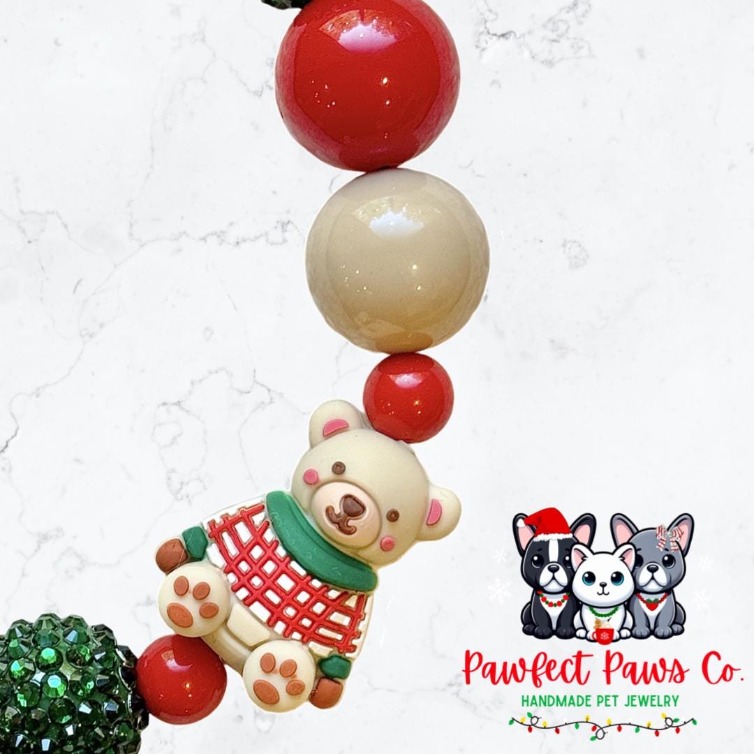 Sweater Weather* Tan, Red & Green Sparkle Teddy Bear Custom Beaded Dog/Cat Necklace!