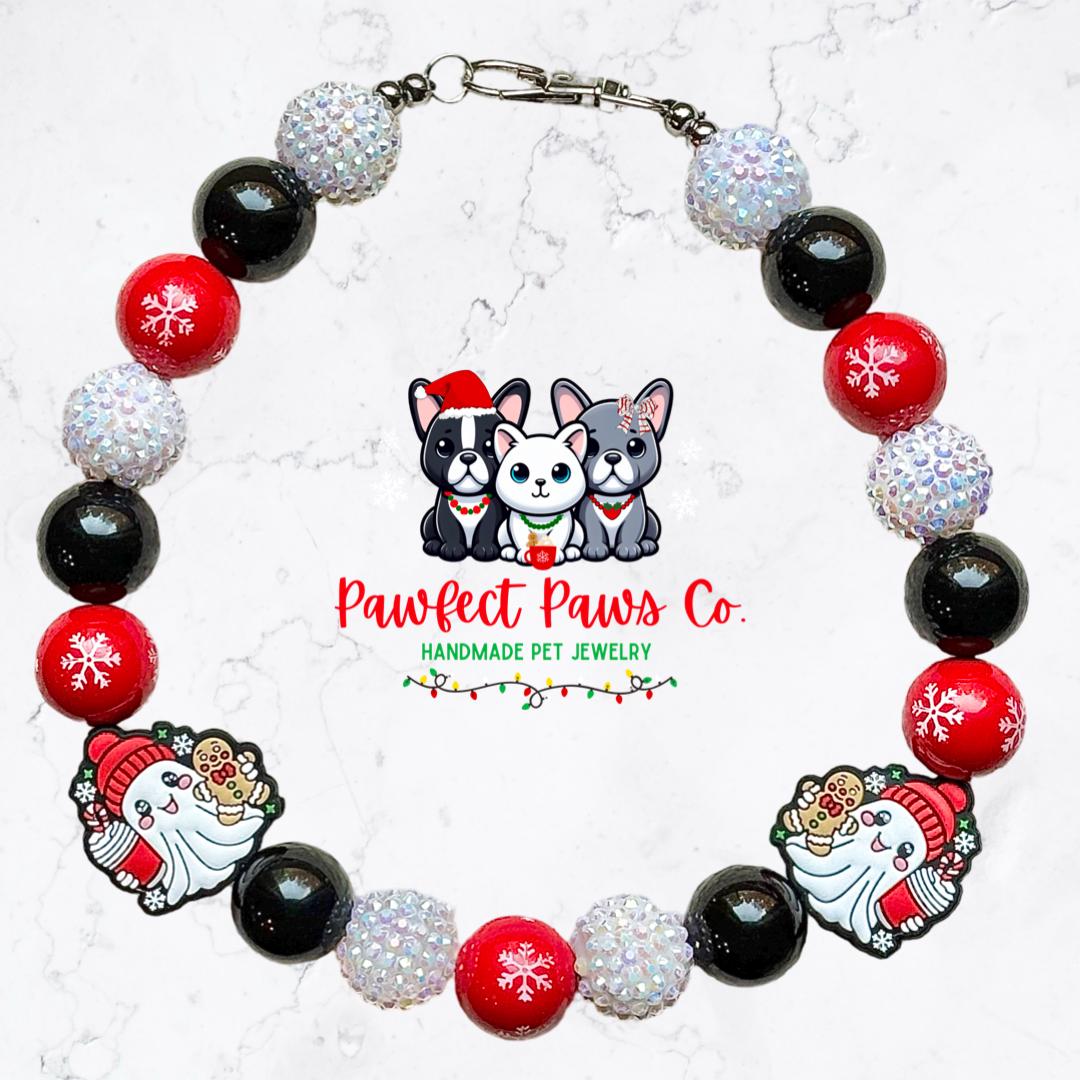 Spooky & Spice* Red, Black, White Sparkle Ghost Gingerbread Custom Beaded Dog/Cat Necklace!