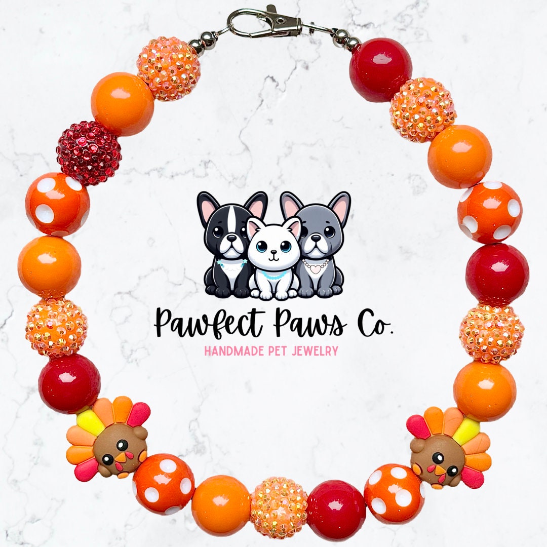 Gobble til you Wobble* Orange & Red Sparkle Turkey Thanksgiving Custom Beaded Dog/Cat Necklace!