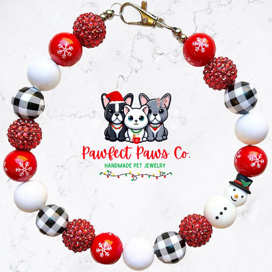 Frosty* White & Red Sparkle Snowman Custom Beaded Dog/Cat Necklace!