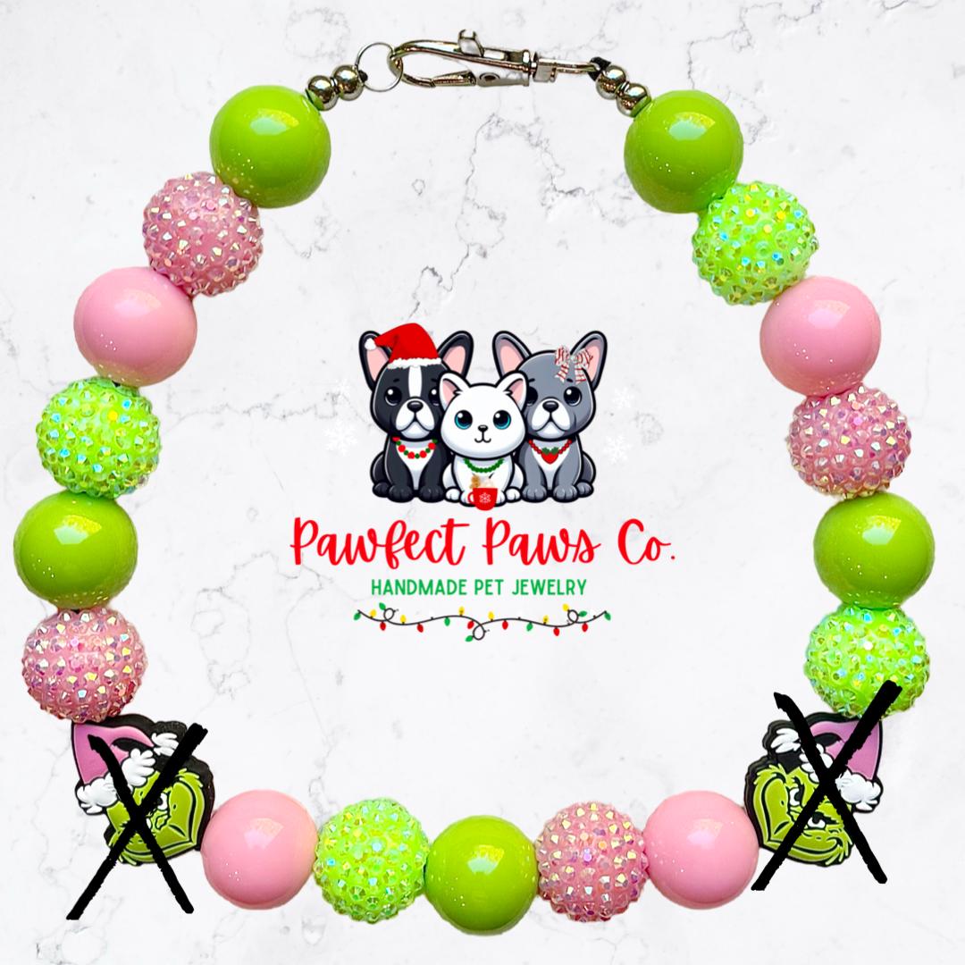 Pink Grinchmas* Pink & Green Christmas Custom Beaded Dog/Cat Necklace!