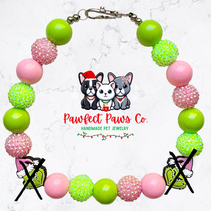 Pink Grinchmas* Pink & Green Christmas Custom Beaded Dog/Cat Necklace!