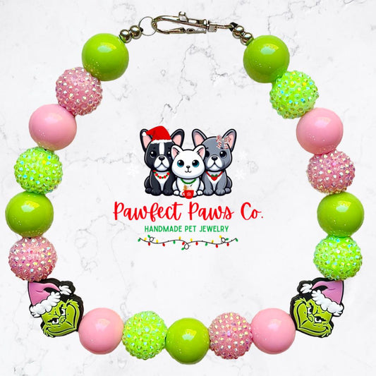 Pink Grinchmas* Pink & Green Christmas Custom Beaded Dog/Cat Necklace!