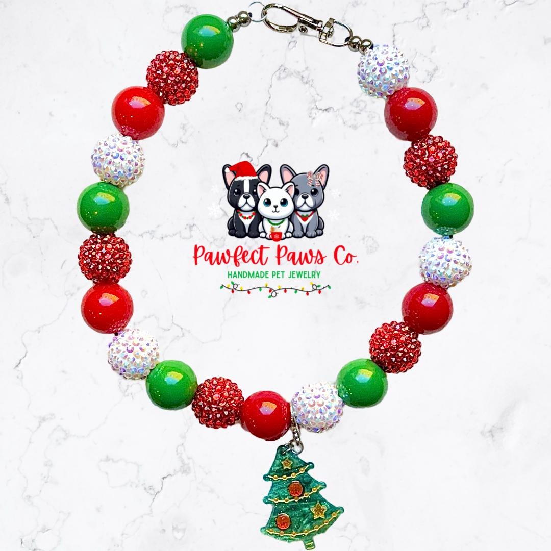 Oh Christmas Tree* Green, Red & White Sparkle Christmas Custom Beaded Dog/Cat Necklace!