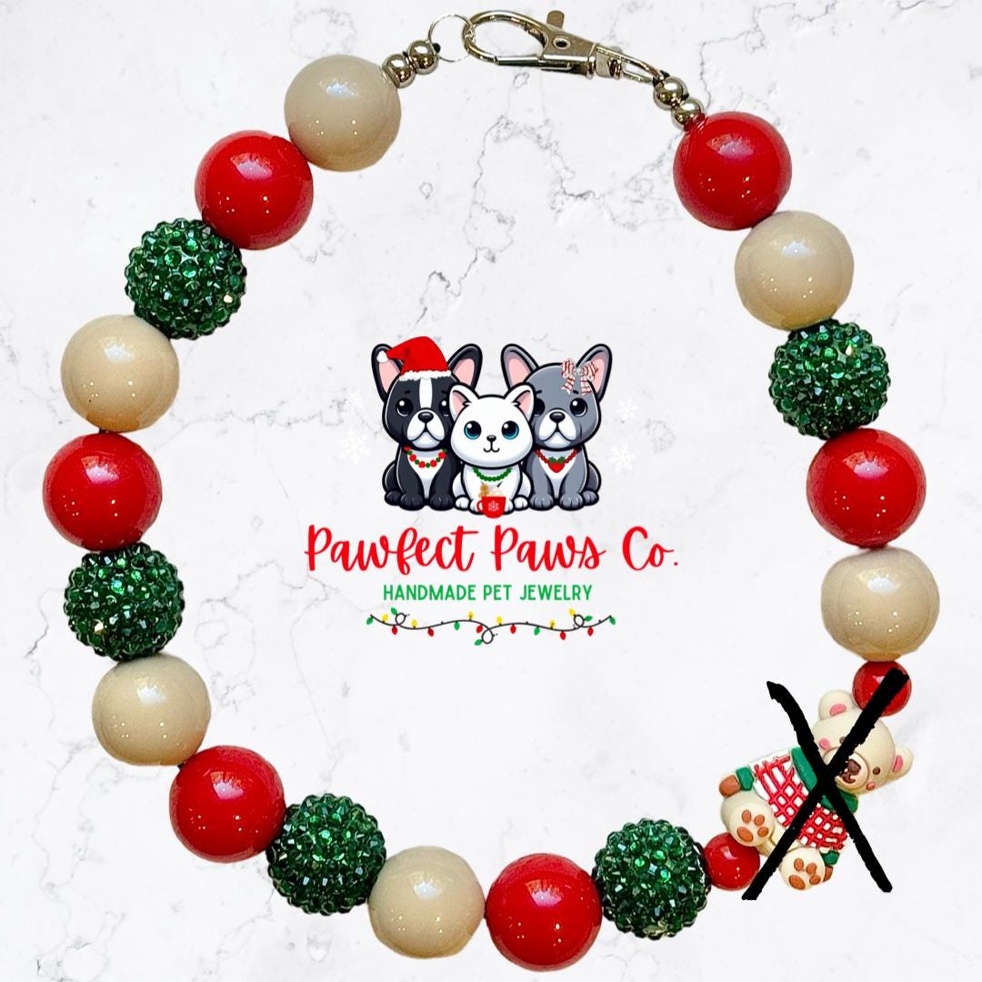 Sweater Weather* Tan, Red & Green Sparkle Teddy Bear Custom Beaded Dog/Cat Necklace!