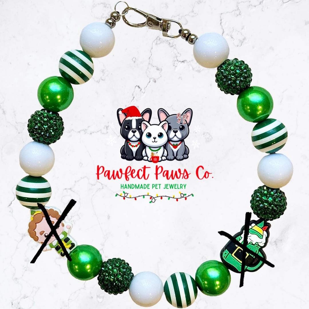 Son of a Nutcracker* White & Green Sparkle Buddy the Elf Custom Beaded Dog/Cat Necklace!