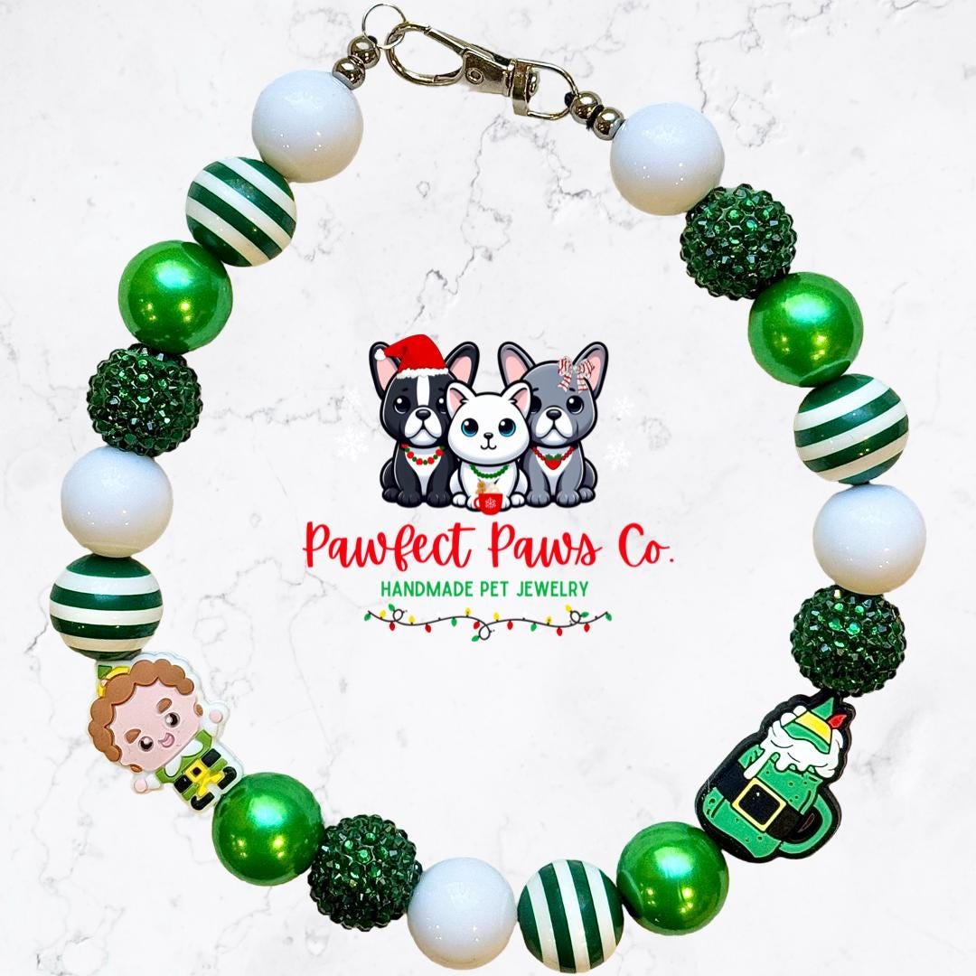 Son of a Nutcracker* White & Green Sparkle Buddy the Elf Custom Beaded Dog/Cat Necklace!