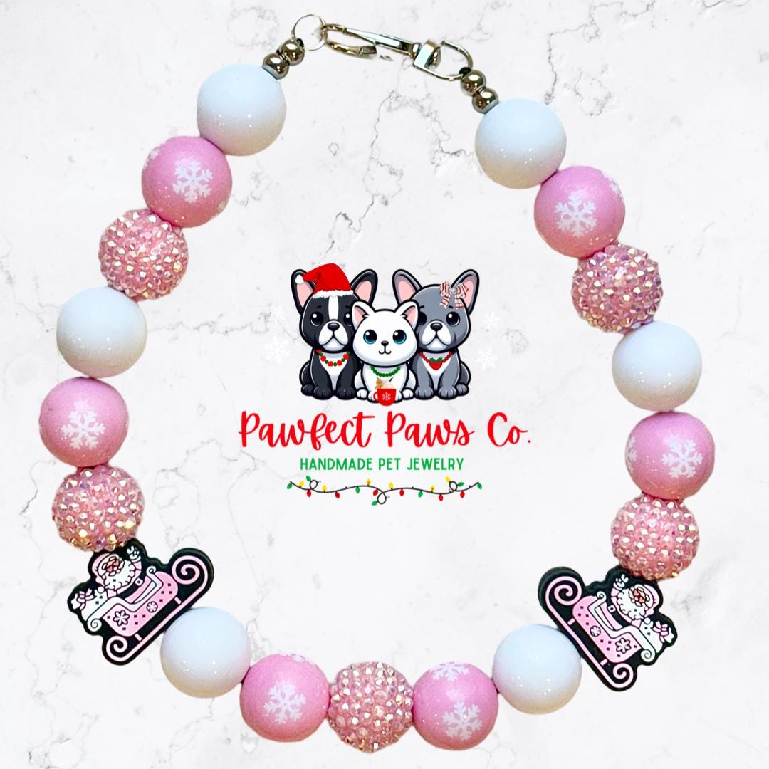 Santa Sparkle* Pink & White Sparkle Santa Custom Beaded Dog/Cat Necklace!