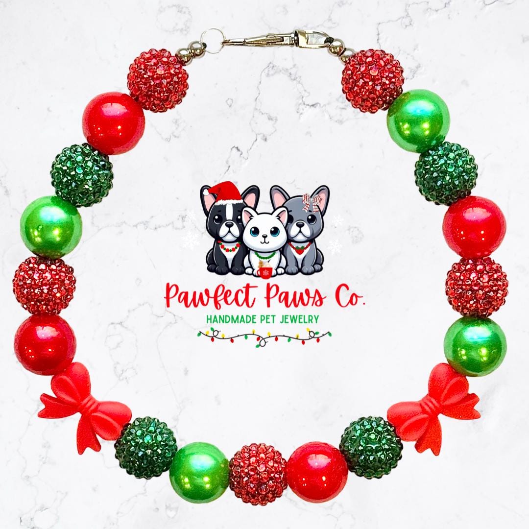 Coquette Christmas* Green & Red Sparkle Bow Custom Beaded Dog/Cat Necklace!