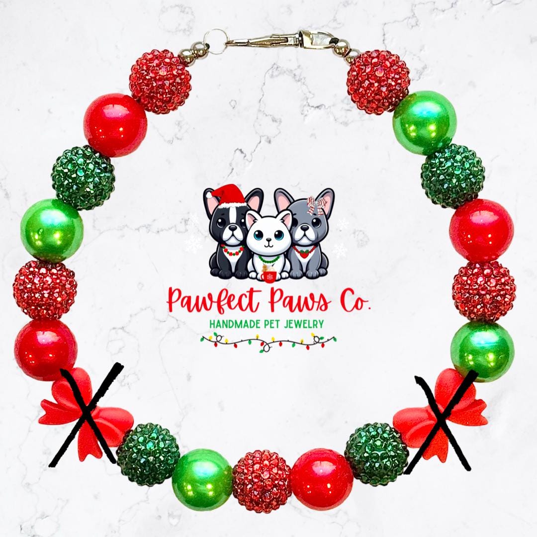 Coquette Christmas* Green & Red Sparkle Bow Custom Beaded Dog/Cat Necklace!