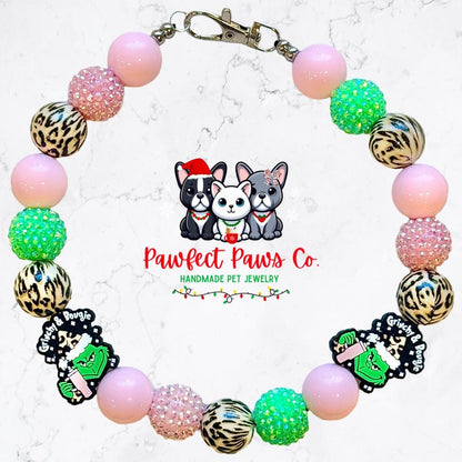 Grinchy & Bougie* Leopard, Green and Pink Sparkle Grinch Custom Beaded Dog/Cat Necklace!