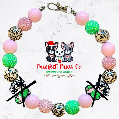 Grinchy & Bougie* Leopard, Green and Pink Sparkle Grinch Custom Beaded Dog/Cat Necklace!