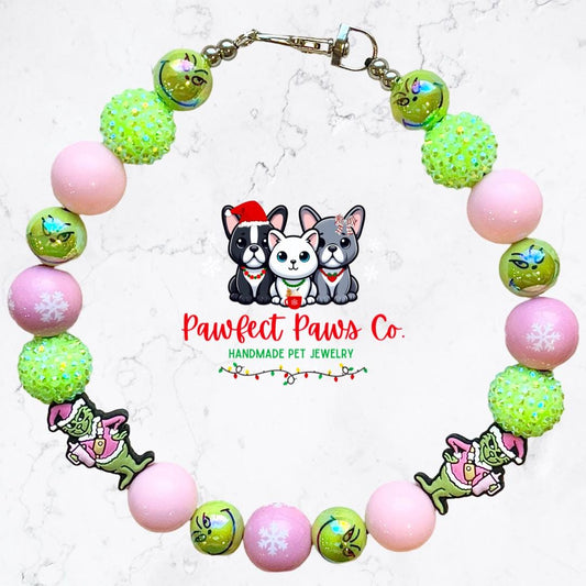 Pink Grinchmas* Green and Pink Sparkle Grinch Custom Beaded Dog/Cat Necklace!