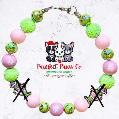 Pink Grinchmas* Green and Pink Sparkle Grinch Custom Beaded Dog/Cat Necklace!