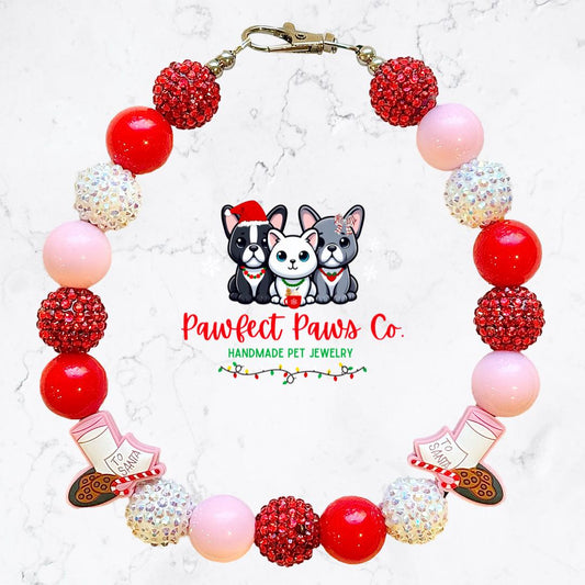 Santa’s Treats* Pink, Red and White Sparkle Milk Cookies Custom Beaded Dog/Cat Necklace!